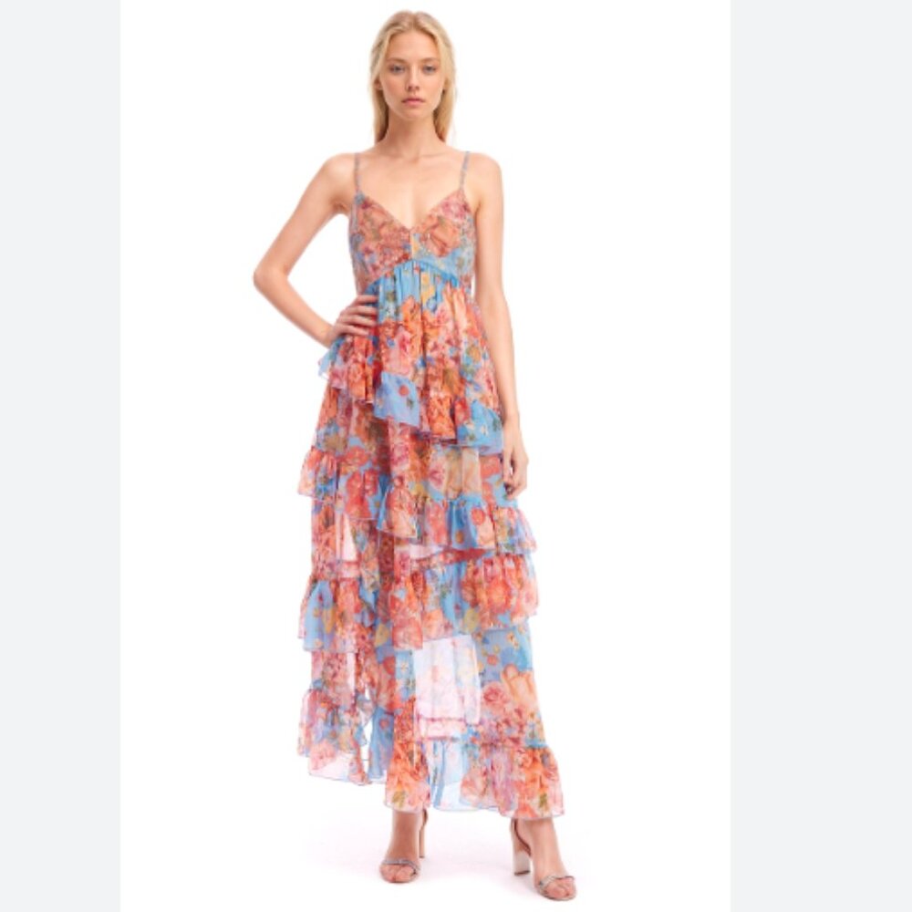 Jewel Badgley Mischka Fancy Floral Tiered Ruffle Maxi Dress Orange/Blue Size 2